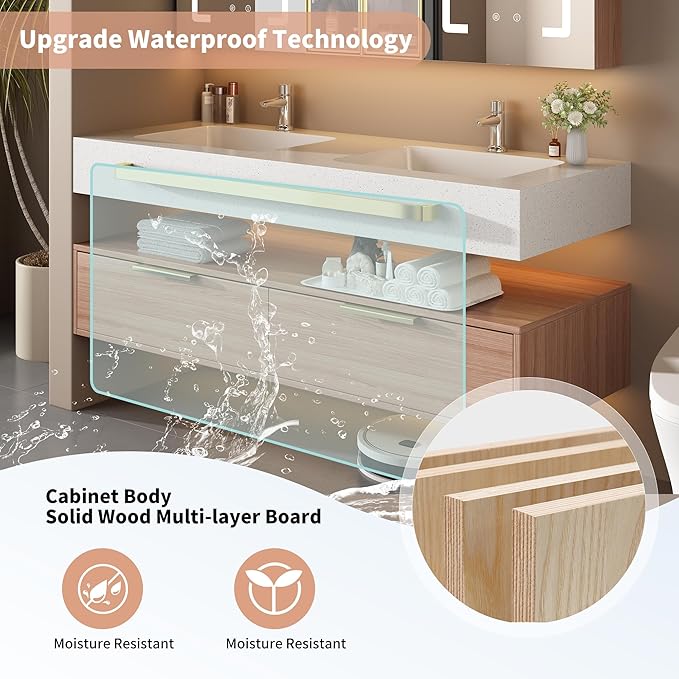 60-Inch Double Sink Vanity with Medicine Cabinet, Mirror Defogger, Wall Mounted Floating Storage (60")
