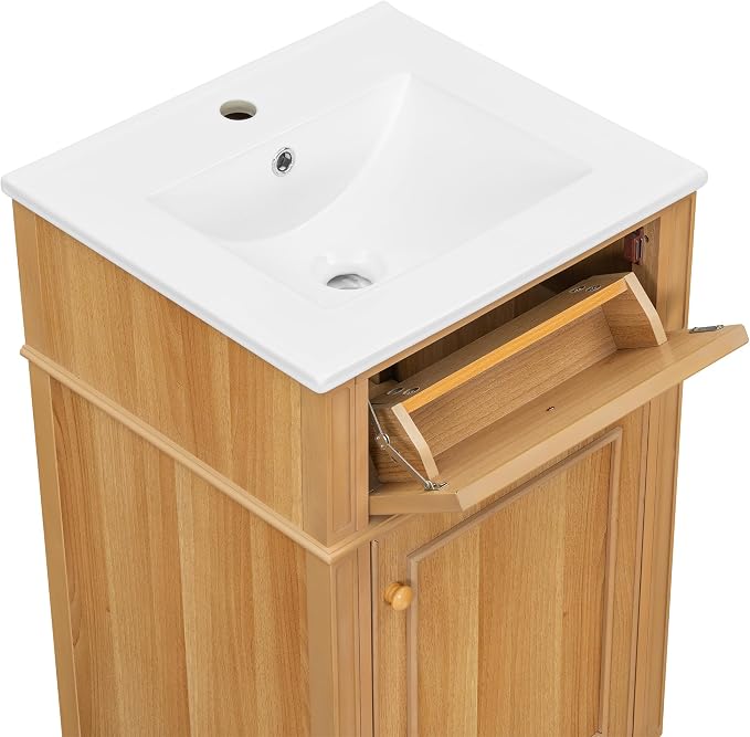 20" Small Bathroom Vanity with Ceramic Sink,Modern Freestanding Storage Cabinet w/Tilt-Out Drawer and Soft-Close Door,Adjustable Shelf,Solid Pinewood Frame for Bath/Powder/Guest Room,Wood