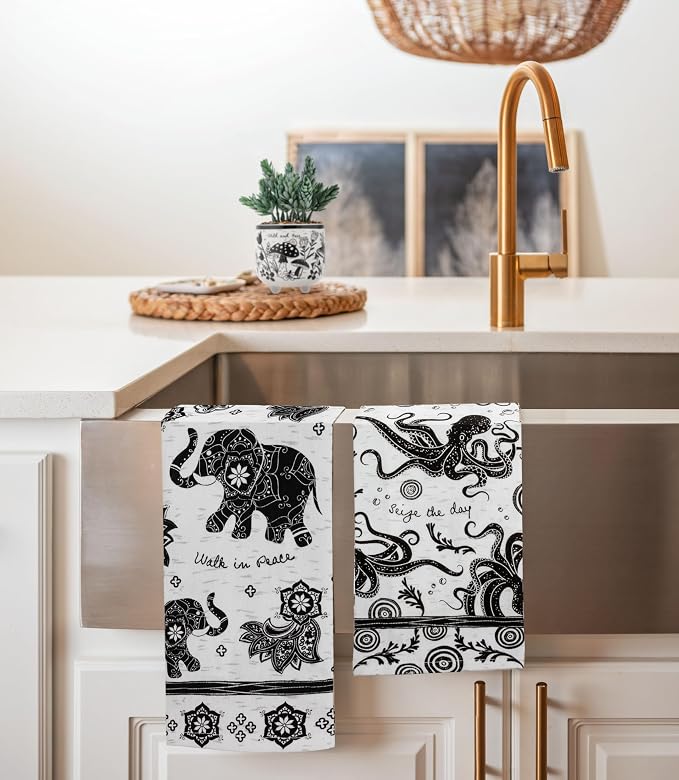 Karma Gifts Black and White Boho Tea Towels, 28" L x 20" W, Butterfly