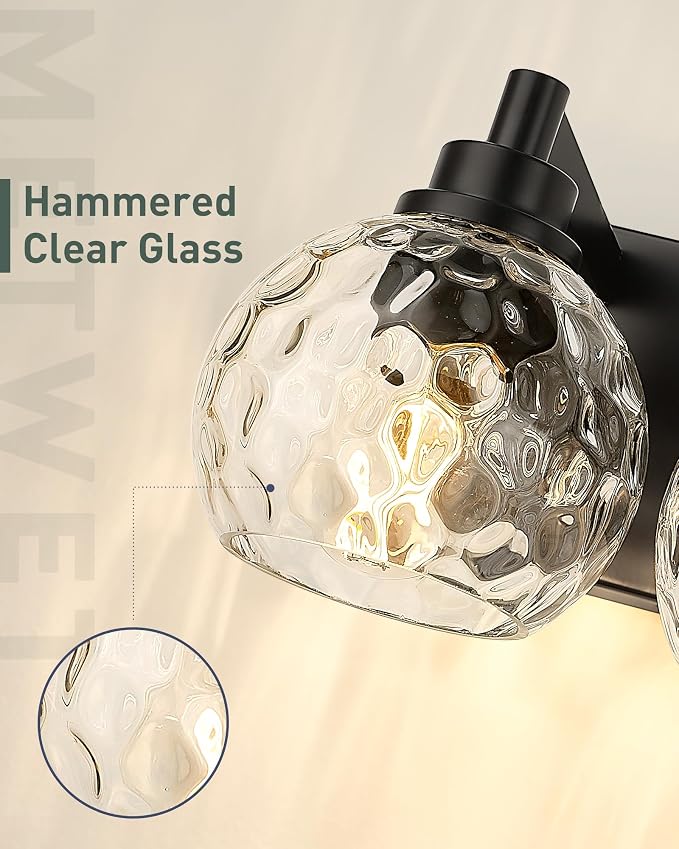 3-Light Black Bathroom Vanity Light, Hammered Glass Globe Shade | 18" modern bathroom light fixtures over mirror, up/down mounting, E26 base, VL200-MB-3