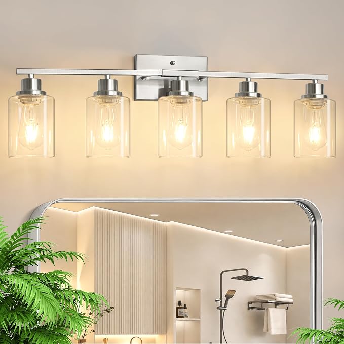 Ascher 5 Light Bathroom Light Fixture, Brushed Nickel Bathroom Lighting Fixtures Over Mirror, Vanity Light with Clear Glass Shade, Wall Sconce for Living Room Bedroom Cabinet, E26 Base