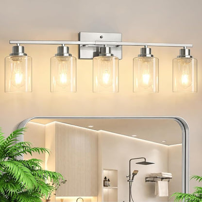 Ascher 5 Light Bathroom Light Fixture, Brushed Nickel Bathroom Lighting Fixtures Over Mirror, Vanity Light with Clear Glass Shade, Wall Sconce for Living Room Bedroom Cabinet, E26 Base