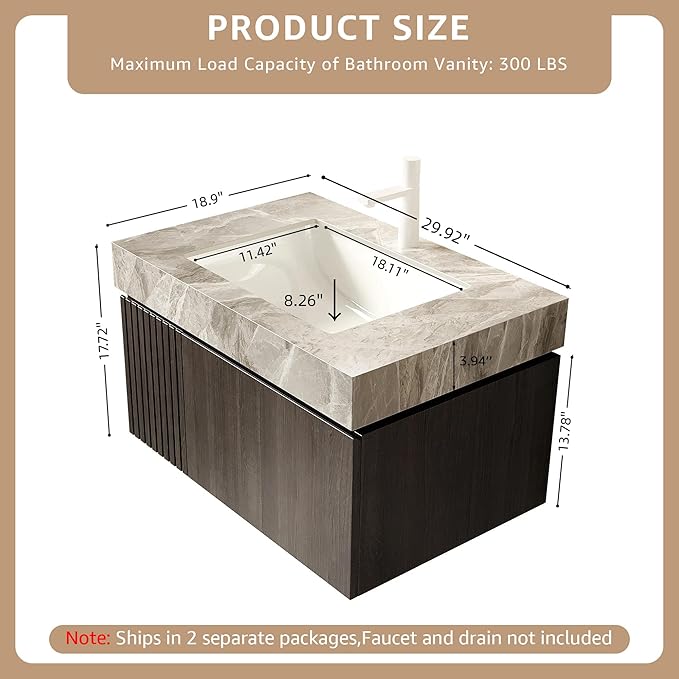 30” Floating Bathroom Vanity with Sink, Wall-Mounted Cabinet with Drawer & Doors, Gray Travertine-Pattern Sintered Stone Top, Undermount Basin, Single Faucet Hole, Soft-Close, Pre-Assembled, Dark Oak