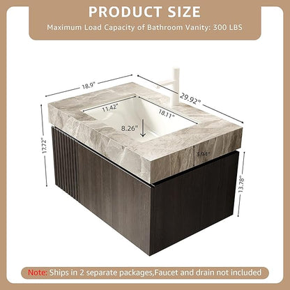 30” Floating Bathroom Vanity with Sink, Wall-Mounted Cabinet with Drawer & Doors, Gray Travertine-Pattern Sintered Stone Top, Undermount Basin, Single Faucet Hole, Soft-Close, Pre-Assembled, Dark Oak