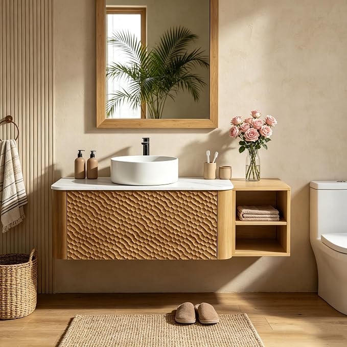 48 Inch Modern Bathroom Vanity with Ceramic Sink, Floating Bathroom Sink Cabinet with Sintered Stone Top&Solid Wood Hammered Frame, Single Bathroom Vanities w/Soft-Close Drawer&IDE Open Cube