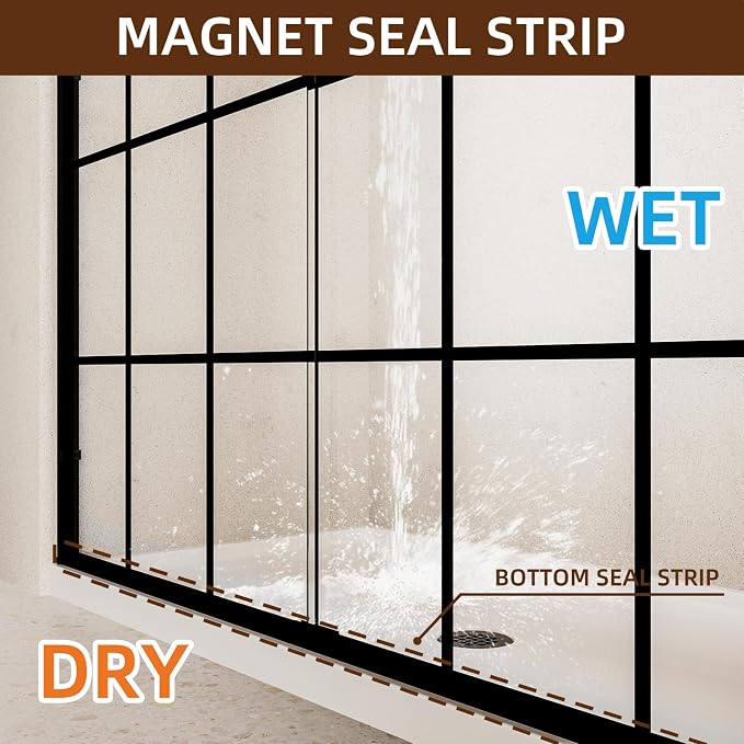 Semi-Frameless Sliding Shower Door 56-60"W x 72"H ,Grid Pattern Matte Black | Grid Pattern Design,6mm SGCC Tempered Glass,Nano Coating Easy Clean.Walk-in & Bathtub Use,Reversible Installation