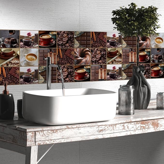 Alwayspon Vinyl Sticker Peel and Stick, Self-Adhesive Wall Tile Transfers Backsplash Sticker Decal for Kitchen Bathroom, 6x6inch/15x15cm 30Pcs, Chocolates T044