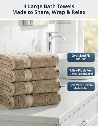 LANE LINEN Bathroom Towel Set 4 Piece Soft Absorbent Quick Dry - Taupe | Cotton Towel Set - Coordinated Colors, Dobby Border Accent, OEKO-TEX Certified, Zero-Twist Durability, Zero-Twist Cotton