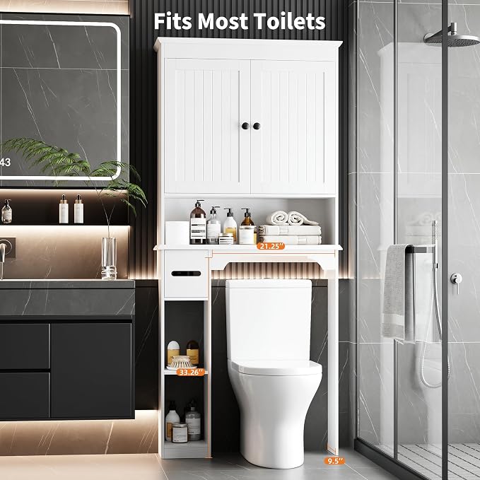 GarveeHome Over the Toilet Cabinet, Double Door Bathroom Storage Organizer, Toilet Rack with Open Storage Shelf, FreeStanding Toilet Shelf Space Saver, for Bathroom, Restroom, Laundry