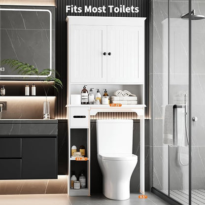 GarveeHome Over the Toilet Cabinet, Double Door Bathroom Storage Organizer, Toilet Rack with Open Storage Shelf, FreeStanding Toilet Shelf Space Saver, for Bathroom, Restroom, Laundry