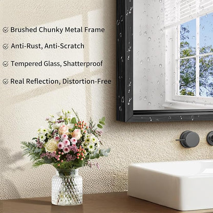 CIRCUMI 72"x30" Brushed Black Bathroom Mirror, Double Sink Vanity Mirror | Chunky Box Metal Frame, Shatterproof, Tempered Glass, Bathroom Remodel&New Home, Large Rectangular Mirror for Living Room