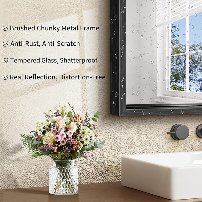 CIRCUMI 24"x24" Brushed Black Bathroom Mirror, Square Mirror for Vanity | Chunky Box Metal Frame, Shatterproof, Tempered Glass, Bathroom Remodel&New Home,Wall Mirror for Over Sink,Living Room,Hallway