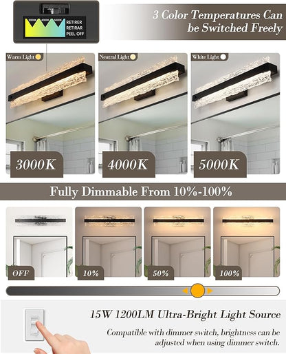Black LED Bathroom Vanity Light, 24.4 Inch 15W Modern Dimmable Bathroom Light Fixture Over Mirror, Crystal Bar Wall Sconce Lighting for Bath, 3CCT, OS-MM5001-3BK