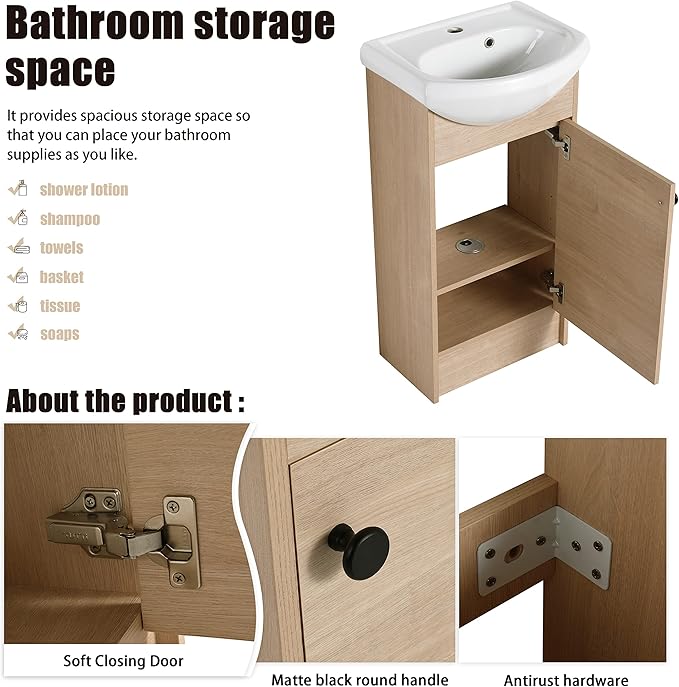 18" Bathroom Vanity with Sink, 18 Inch Freestanding Vanity with Soft-Closing Door for Small Space, Modern Single Sink Bathroom Vanity Combo,Brown Floor Standing Cabinet Set (BN-022)