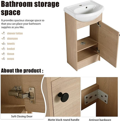 18" Bathroom Vanity with Sink, 18 Inch Freestanding Vanity with Soft-Closing Door for Small Space, Modern Single Sink Bathroom Vanity Combo,Brown Floor Standing Cabinet Set (BN-022)