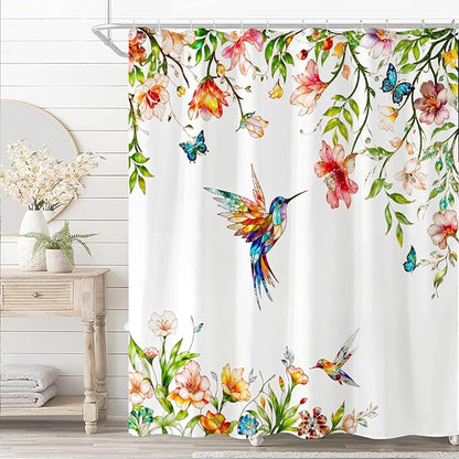 Fowocu Floral Bird Bathroom Shower Curtain Colorful Stained Glass Flower Hummingbird Butterfly Shower Curtains Watercolor Plant Leaf Waterproof Fabric Bath Curtain Decor 72x72 inch