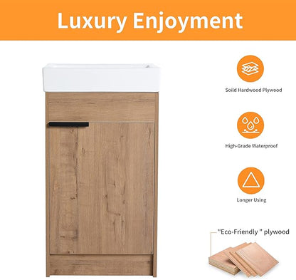18 Inch Bathroom Vanity with Sink Combo, Floor-Mounted Bathroom Vanity with Soft Close Door&1 Adjustable Shelf,Modern Freestanding Bathroom Vanity with Top Basin & Storage Cabinet,Brown