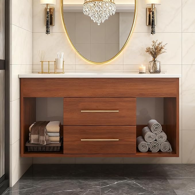 36 inch Modern Floating Bathroom Vanity with Sink, Wall Mounted Solid Wood Bathroom Cabinet with Ceramic Sink, 2 Soft Closing Drawers & Open Storage Shelves, Bronze Metal Handle, Walnut