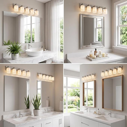 5-Light Bathroom Light Fixture, Brushed Nickel Modern Vanity Light with White Marble Glass Shade, for Bathroom Mirror, Living Room, Bedroom, Hallway, E26 Base, Extended Base