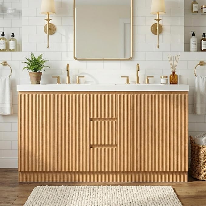 60 Inch Double Bathroom Vanity with Double Sinks, Soft Closing Doors and Drawers, Solid Wood Frame & MDF Modern Fluted Bathroom Sink Cabinet, Freestanding,Natural Wood