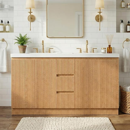 60 Inch Double Bathroom Vanity with Double Sinks, Soft Closing Doors and Drawers, Solid Wood Frame & MDF Modern Fluted Bathroom Sink Cabinet, Freestanding,Natural Wood