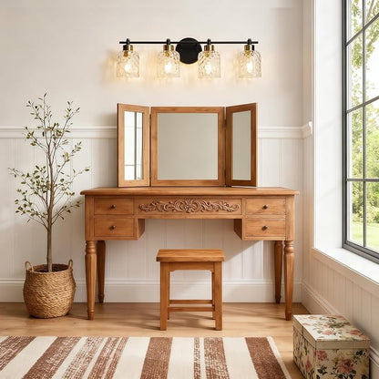 4 Light Black and Brass Bathroom Light Fixture with Hammered Glass Mirror | 30.7" Black and Gold Farmhouse Vanity Light, Vanity Lighting Fixtures, Rustic Vanity Lights for Bathroom Lights for Makeup