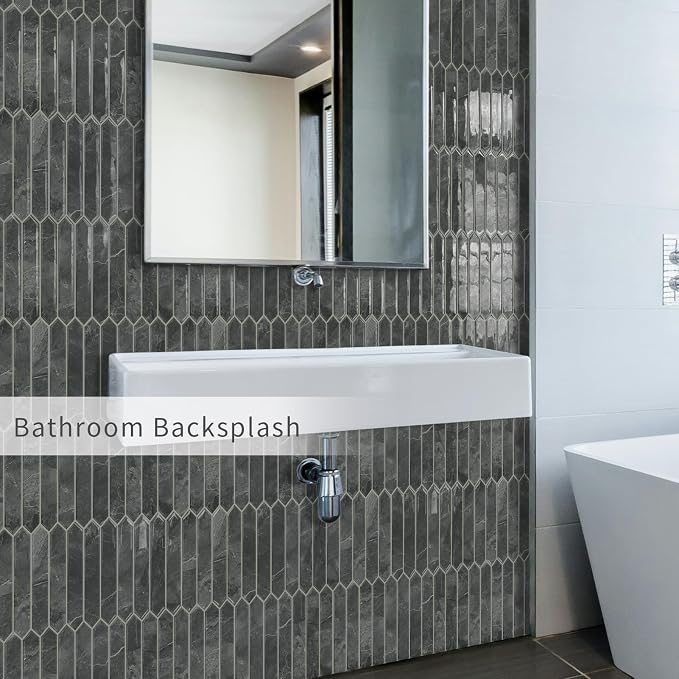 10 Sheets Long Hexagon Tile Peel and Stick Backsplash | Self-Adhesive Wall Tiles Stick on Back Splash for Kitchen, Bathroom, Fireplace,RV(Gray,12"×12")