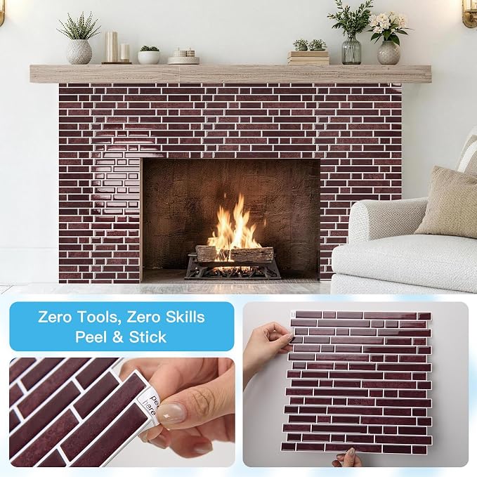 Art3d 10-Sheet Heavy-Duty Peel and Stick Backsplash, Waterproof Wall Tiles Stick on Kitchen Backsplash Living Space, Dark Burgundy