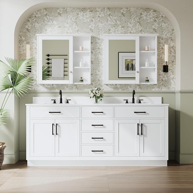 80-Inch Bathroom Vanity with Double Sinks W/ 4 Doors & 4 Drawers & 2 Flip Drawers, White Vanity W/Matte Black Handles