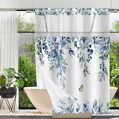 No Hook Shower Curtain and Liner Set, Blue Eucalyptus 71x84 | Floral Design, with Snap in Liner, Waterproof, Machine Washable, Quick-Drying, for Hotel Bathroom