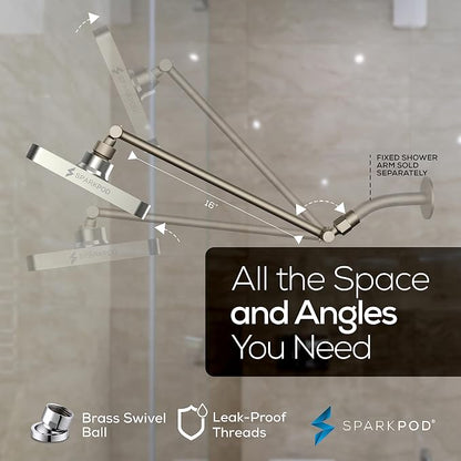 SparkPod 6" Square Rain Shower Head with 16" Shower Arm | Shower Head & Extension Arm Combo, Height Adjustable, High Pressure Performance, Easy 1-Minute Installation, Brushed Nickel