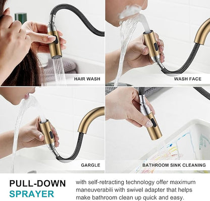 KENES Champagne Bronze Pull Down Bathroom Faucet, 8 Inch 2 Handle Widespread Bathroom Faucet 3 Hole with Pull Out Sprayer, Bathroom Vanity Faucet with Pop Up Drain & Supply Lines LJ-9068-CB