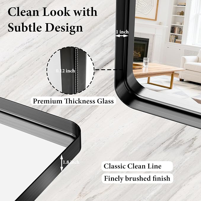 48X32 Inch Metal Black Framed Bathroom Mirror for Wall, Matte Framed Rounded Rectangular Modern Mirrors for Over Sink, Anti-Rust, HD Tempered Glass, Farmhouse, Hangs Horizontally or Vertically