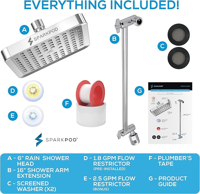 SparkPod 6" Square Rain Shower Head with 16" Shower Arm | Shower Head & Extension Arm Combo, Height Adjustable, High Pressure Performance, Easy 1-Minute Installation, Polished Chrome