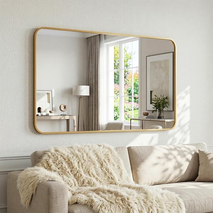 30x48 Inch Antique Gold Rounded Rectangle Bathroom Vanity Mirror | For Over-Sink Bathrooms, Powder-Coated Iron Frame, Layered Shadow Box Look, Vertical or Horizontal Layout