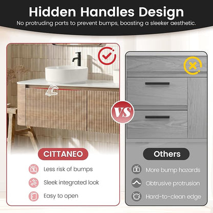 60" Floating Bathroom Vanity with Double Vessel Sink, Honey Oak | Pre-Assembled Fluted Wall Mounted Vanity with Ceramic Sink, Sintered Stone Countertop, Soft-Close Drawer & Towel Rack