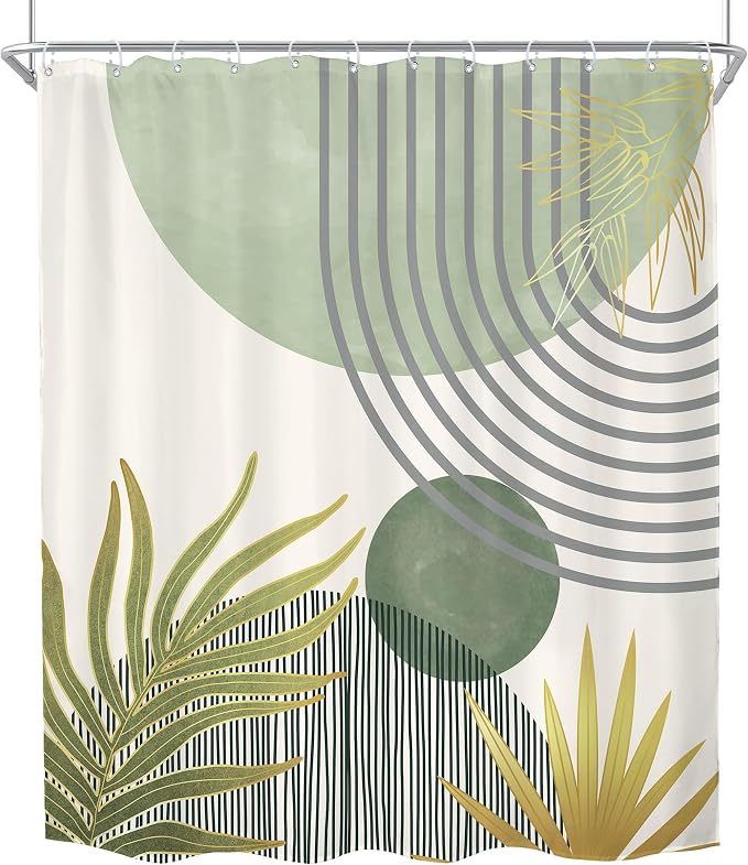 Mid Century Mint Green Boho Abstract Modern Bathroom Shower Curtain Set | 72Wx78H Plant Botanical design, waterproof HD print with fast-drying fabric and 12 hooks.