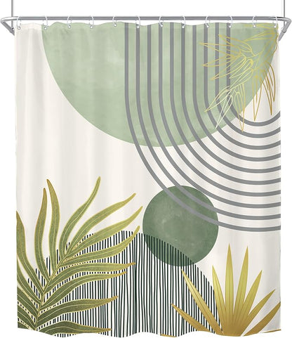 Mid Century Mint Green Boho Abstract Modern Bathroom Shower Curtain Set | 72Wx78H Plant Botanical design, waterproof HD print with fast-drying fabric and 12 hooks.