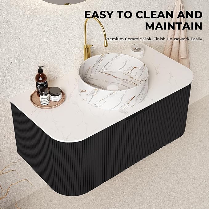 LKTART 36 Inch Floating Bathroom Vanity with Sink, Modern Wall Mounted Bathroom Storage Cabinet with Drawer, Stone Pattern Round White Ceramic Sink Top and Marble Texture Top, Black
