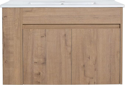 Goujxcy 30" Wall Mounted Bathroom Vanity with Sink, Modern Floating Bathroom Cabinet with White Ceramic Basin and Storage Cabinet/Shelf, Soft-Closing Door Wood Hanging Bath Room Cabinets