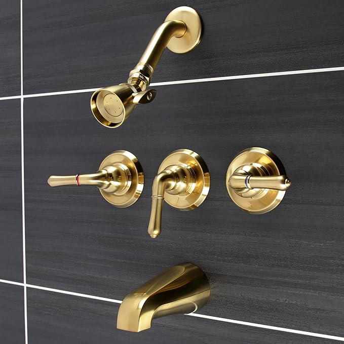 Kingston Brass KB237 Magellan Triple-Handle Tub and Shower Faucet in Brushed Brass
