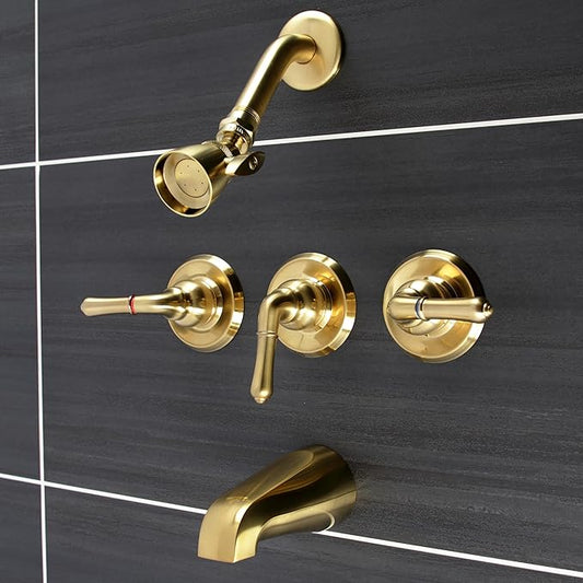 Kingston Brass KB237 Magellan Triple-Handle Tub and Shower Faucet in Brushed Brass