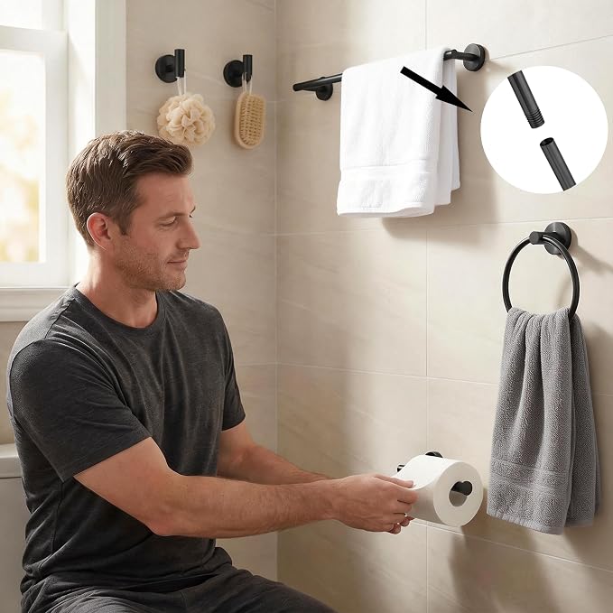 5-Piece Bathroom Hardware Set, Black SUS304 Stainless Steel Bathroom Accessories Kit, Includes 24" Towel Bar, Toilet Paper Holder, Towel Ring & 2 Robe Hooks, Wall Mounted, Rustproof Modern Design
