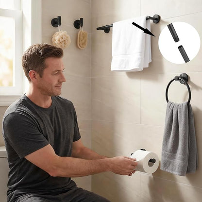 5-Piece Bathroom Hardware Set, Black SUS304 Stainless Steel Bathroom Accessories Kit, Includes 24" Towel Bar, Toilet Paper Holder, Towel Ring & 2 Robe Hooks, Wall Mounted, Rustproof Modern Design
