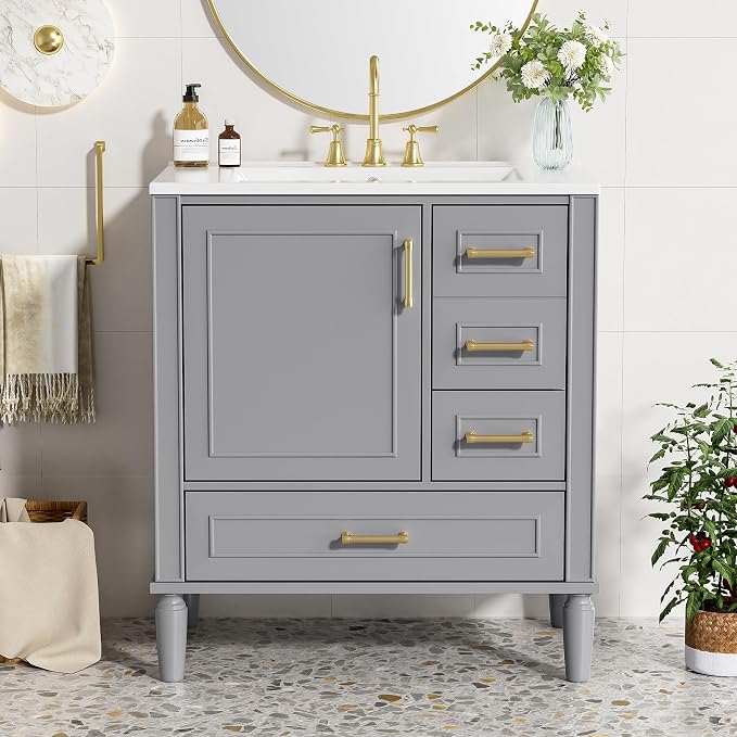 30" Bathroom Vanity with Sink,Free Standing Single Basin Vanity Set w/ 3 Drawers & Soft Closing Door,Solid Wood Frame,Metal Handles,Modern Storage Cabinet for Small Space,Grey