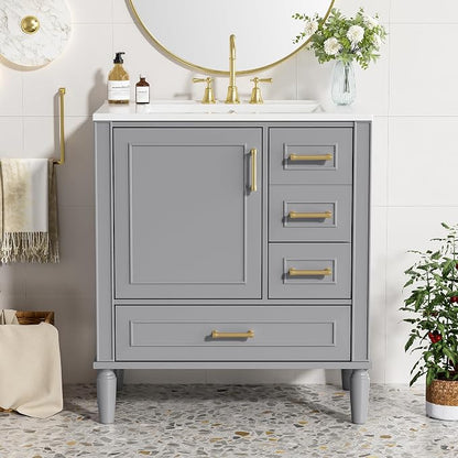 30" Bathroom Vanity with Sink,Free Standing Single Basin Vanity Set w/ 3 Drawers & Soft Closing Door,Solid Wood Frame,Metal Handles,Modern Storage Cabinet for Small Space,Grey