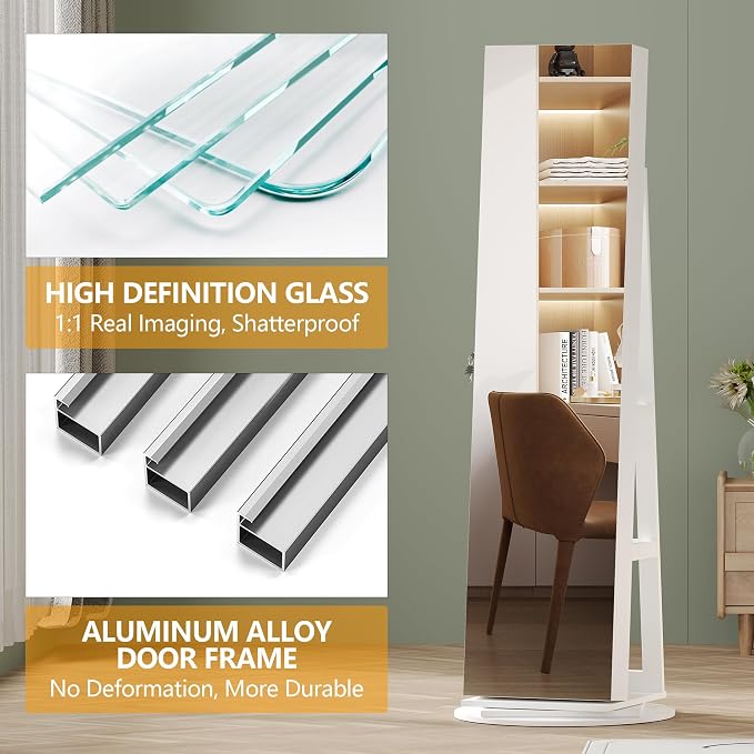 LVSOMT Standing Jewelry Cabinet with Sliding Full Length Mirror, White | 360° Swivel Mirror with Jewelry Storage, Lockable Jewelry Armoire Organizer with 3 Rear Shelves for Bedroom, Gift for Women