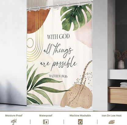 Glawry Boho Bible Verse Small Shower Curtain Stall RV Narrow Inspirational Scriptures Quotes Palm Leaf Abstract Bathroom Mid Century 48Wx72L Inches Bath Accessories Art Home Decor Fabric 8 Pack Hook