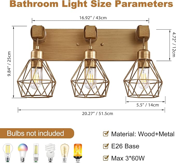 maesta 3 Light Bathroom Vanity Light, Farmhouse Gold Fixture Over Mirror | Farmhouse Bathroom Light Fixtures, Wood & Metal, Anti-Rust, Easy to Install for Rustic Bathroom Hallway