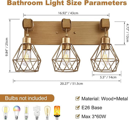 maesta 3 Light Bathroom Vanity Light, Farmhouse Gold Fixture Over Mirror | Farmhouse Bathroom Light Fixtures, Wood & Metal, Anti-Rust, Easy to Install for Rustic Bathroom Hallway